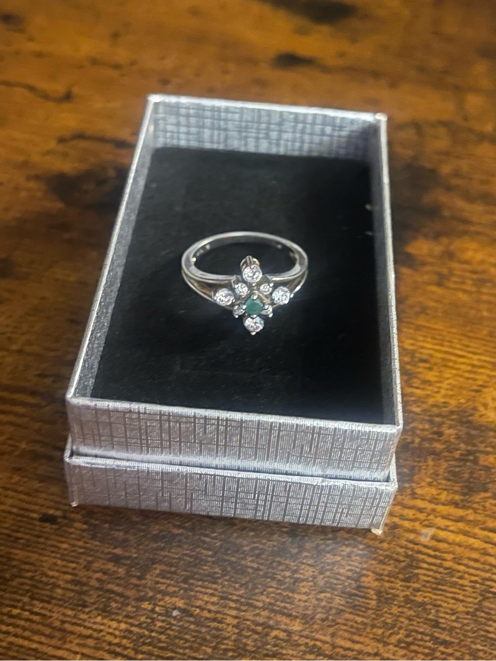 Sterling Silver Floral Cluster Ring with Green Center Stone